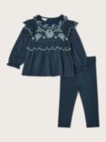 Monsoon Baby Embroidered Check Floral Blouse & Leggings Set, Navy