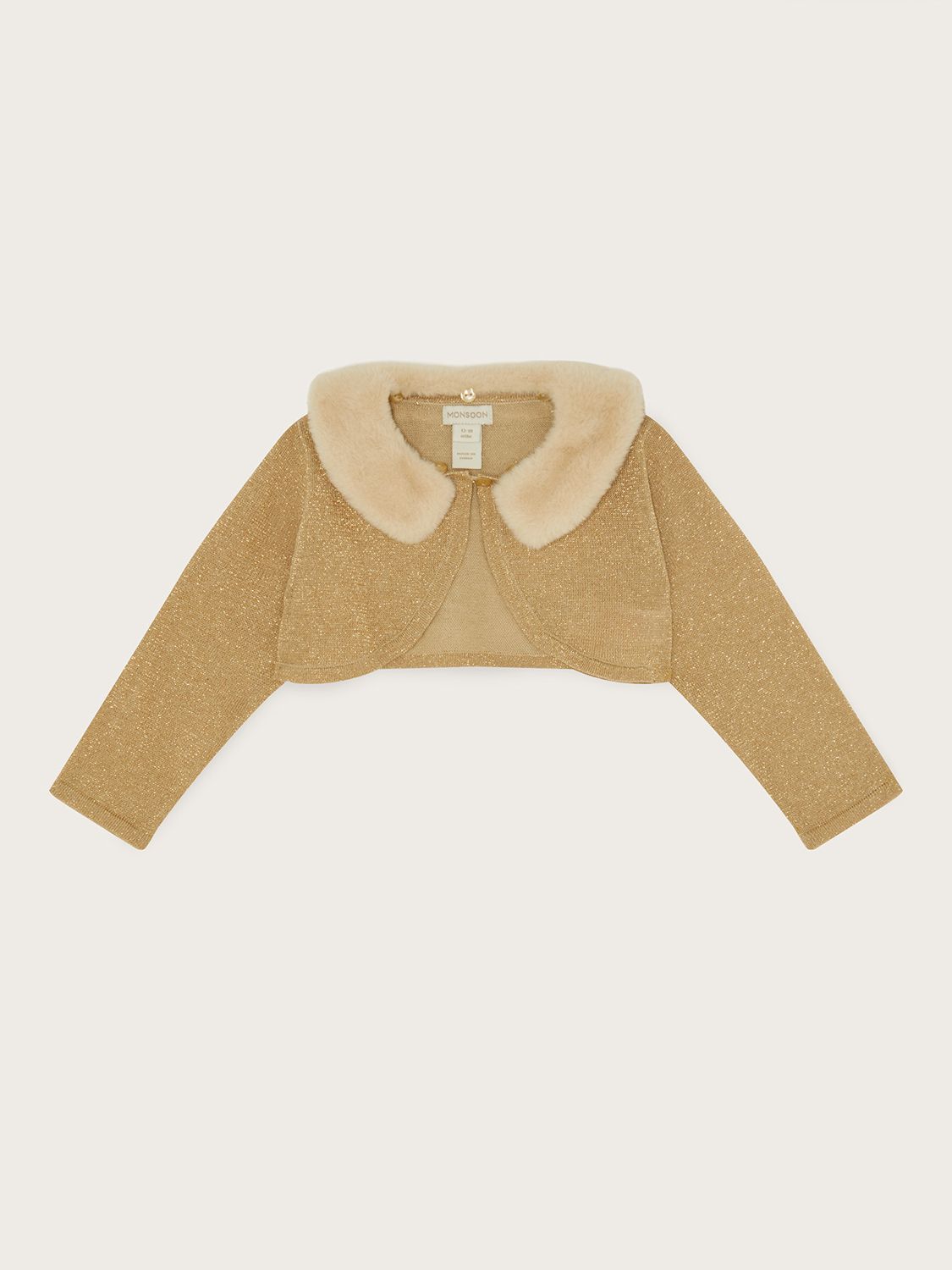 Monsoon Baby Faux Fur Collar Cotton Blend Cardigan, Gold, Gold at
