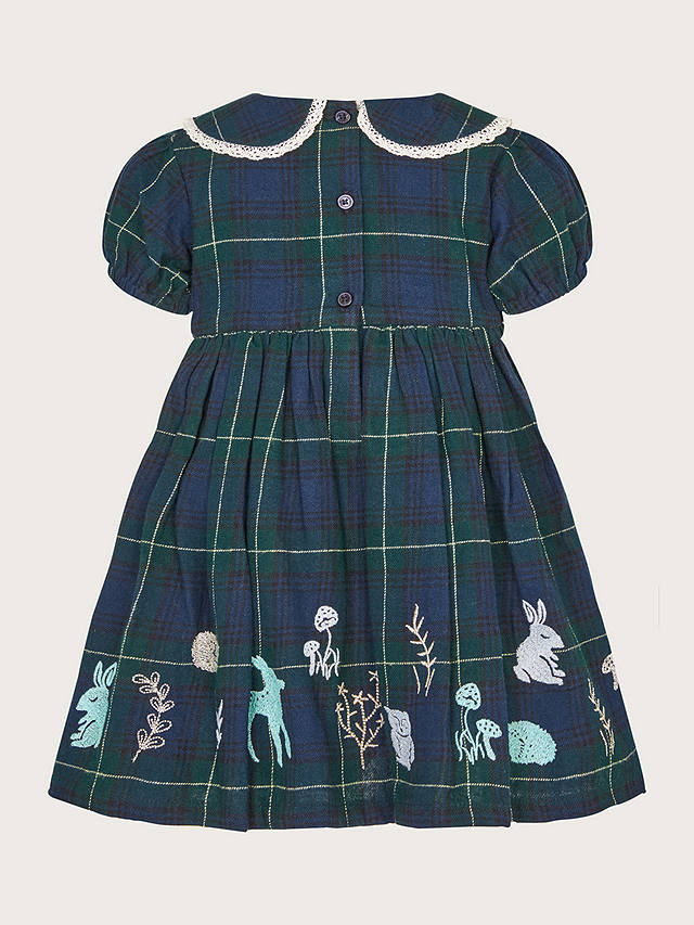 Monsoon Baby Woodland Embroidered Tartan Dress, Navy