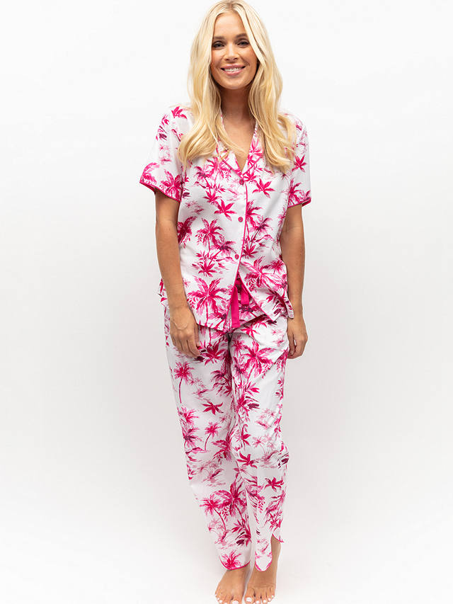 Cyberjammies Hailey Palm Shirt Long Pyjama Set, White/Pink