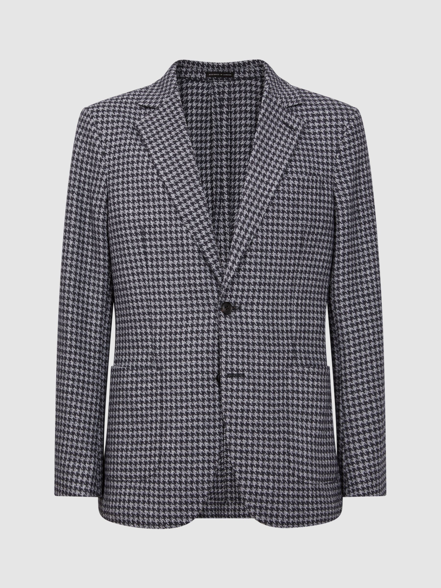 Reiss Lite Wool Blend Houndstooth Print Blazer, Navy/Grey at John Lewis ...