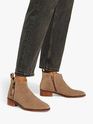 Dune Progress Suede Side Zip Short Ankle Boots, Taupe