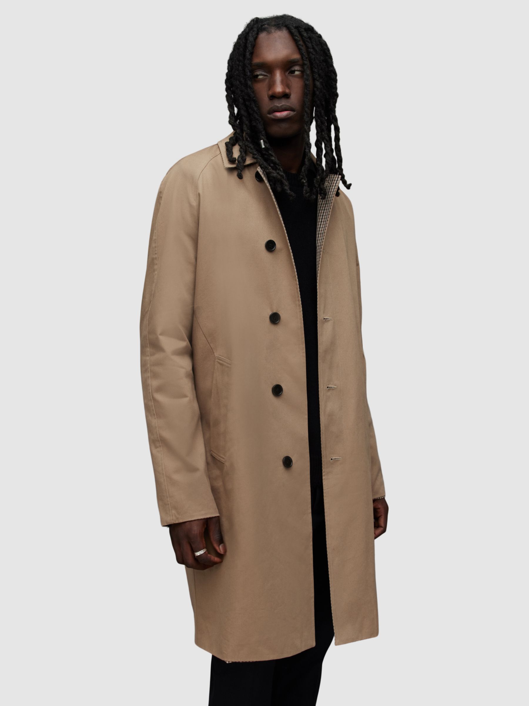 AllSaints Denman Long Coat, Sand Brown at John Lewis & Partners