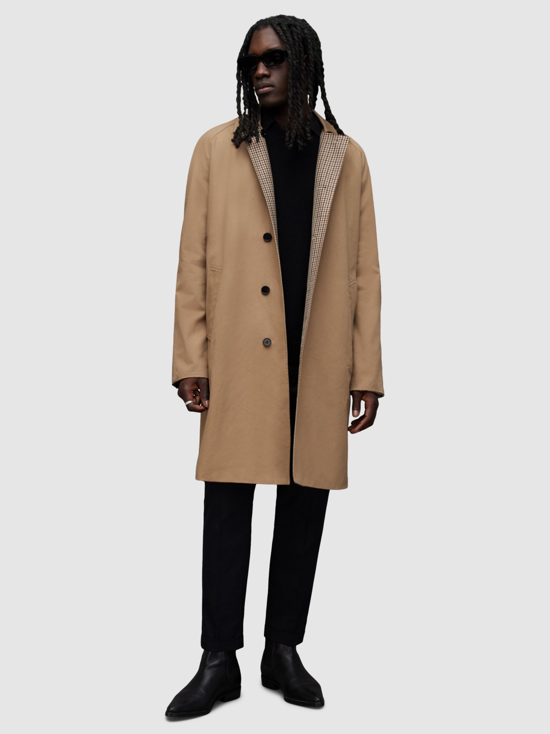 AllSaints Denman Long Coat, Sand Brown at John Lewis & Partners