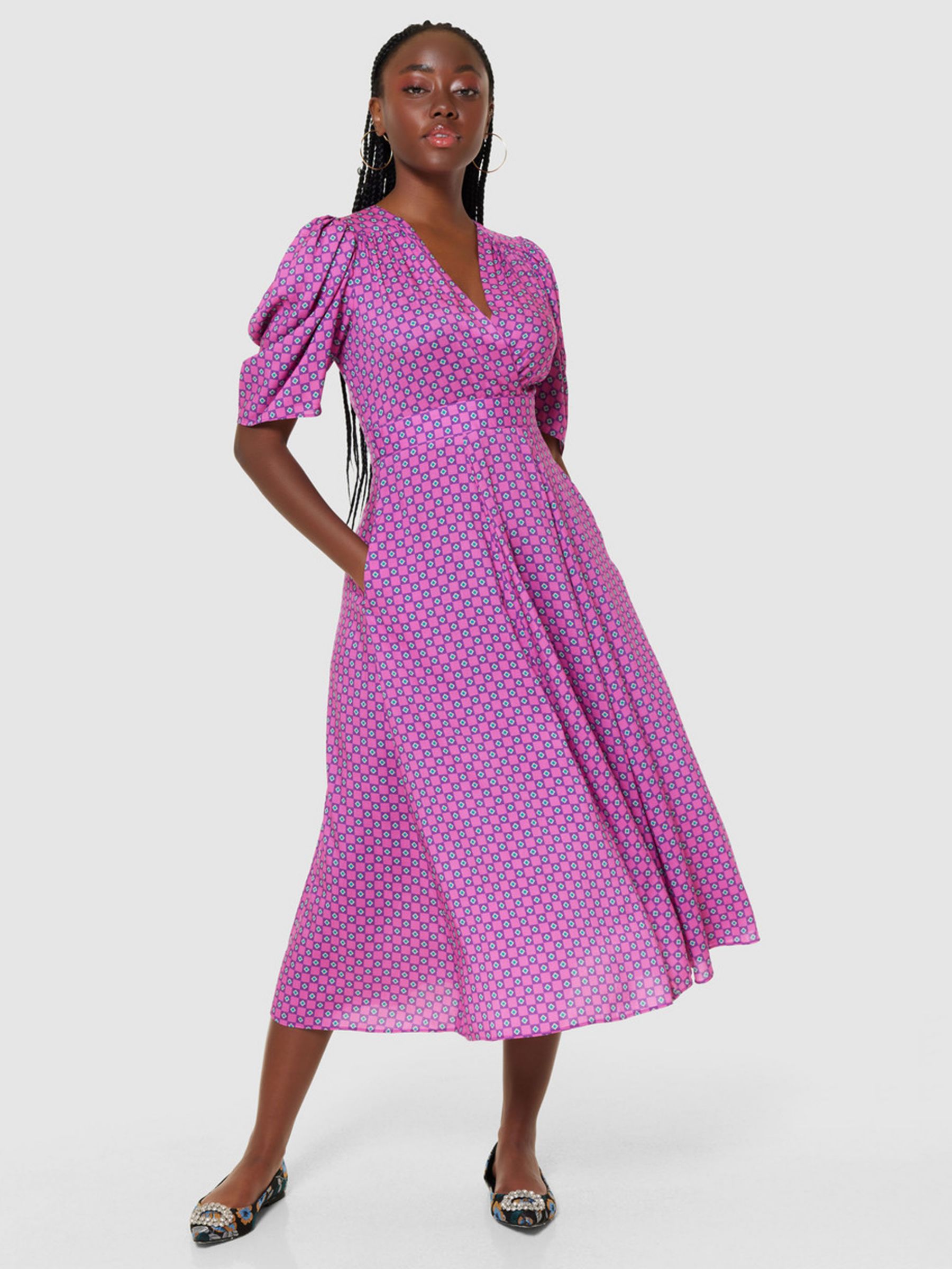 Closet London Full Skirt Wrap Dress, Pink/Multi at John Lewis & Partners