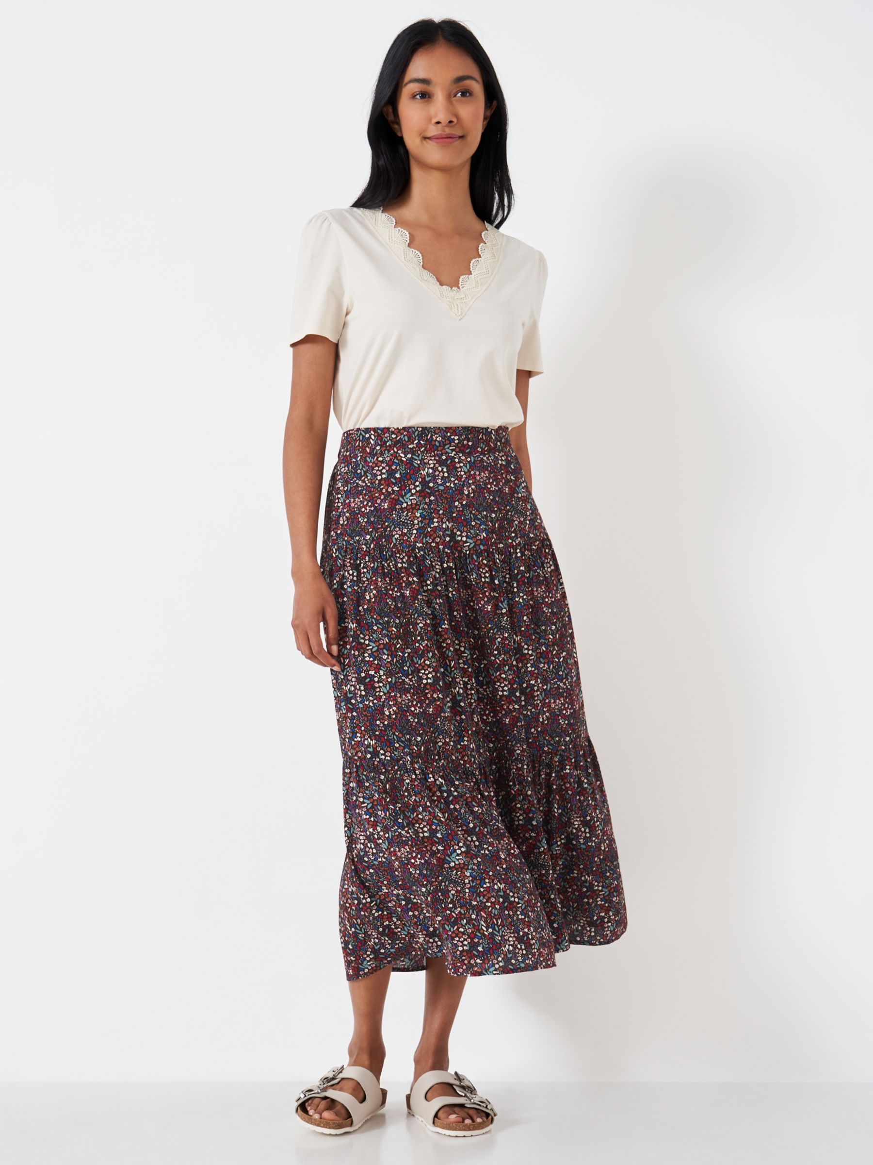 Buy Crew Clothing Sienna Floral Print Midi Skirt, Brown Online at johnlewis.com
