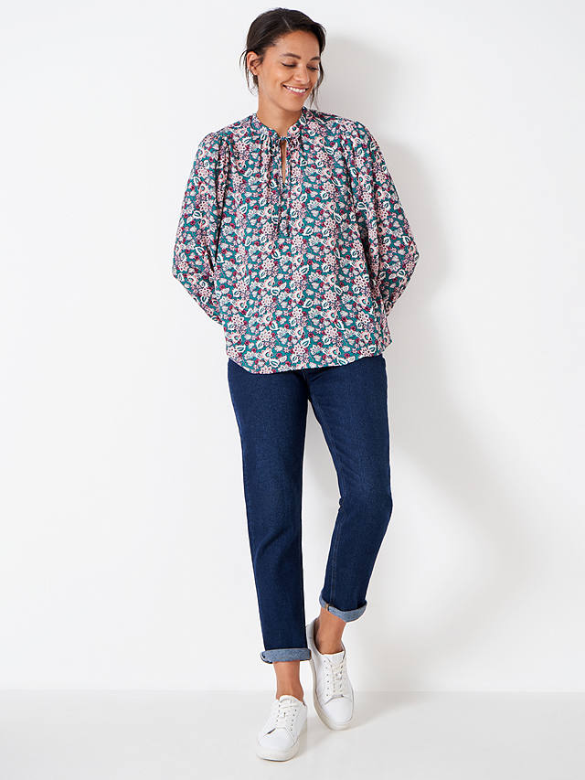 Crew Clothing Orla Floral Print Long Sleeve Blouse, Teal/Multi