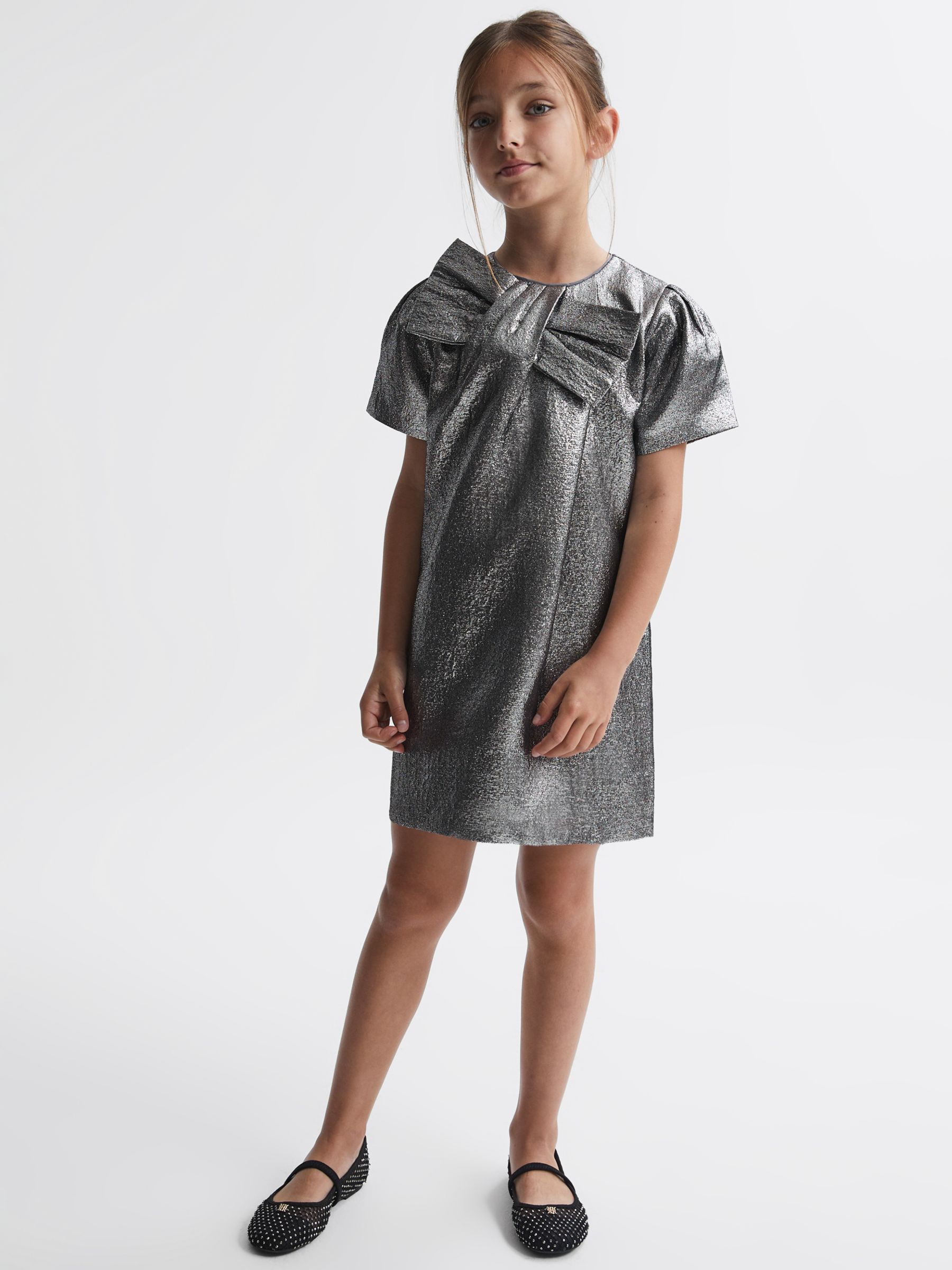 Reiss Kids' Franny Metallic Bow Dress, Silver at John Lewis & Partners