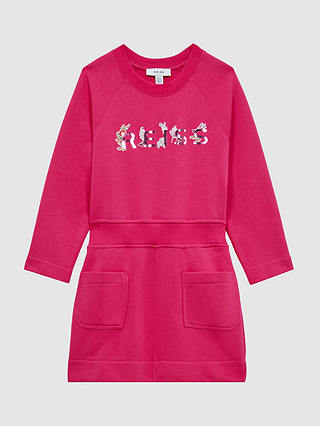 Reiss Kids' Janine Floral Detail Logo Jersey Dress, Pink