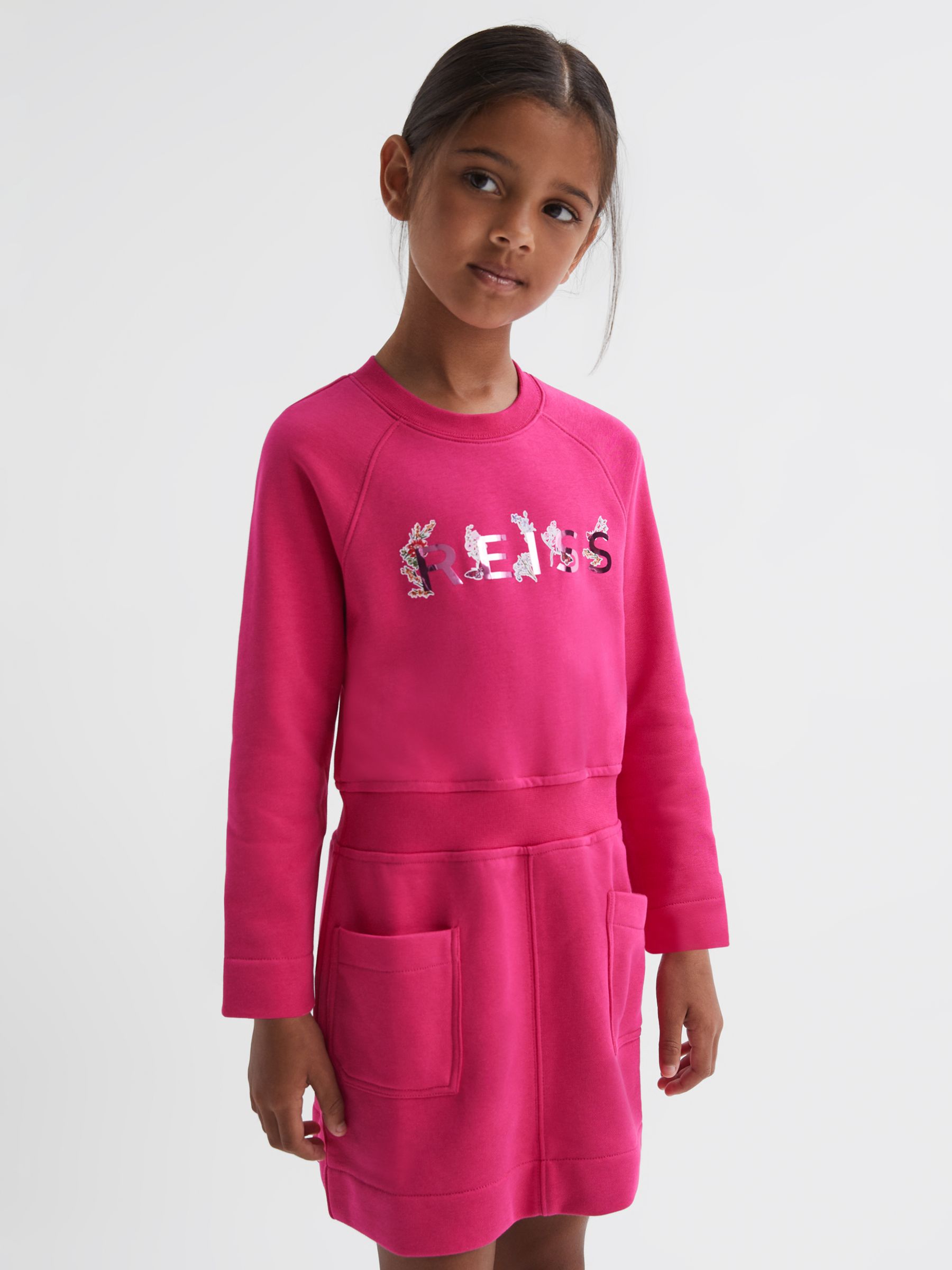 Reiss Kids' Janine Floral Detail Logo Jersey Dress, Pink, 5-6 years