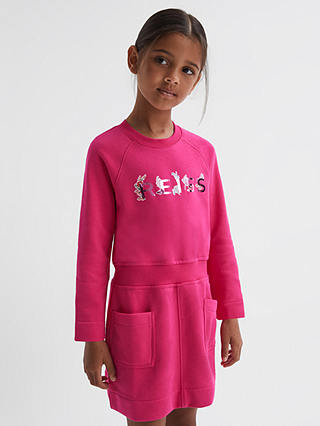 Reiss Kids' Janine Floral Detail Logo Jersey Dress, Pink