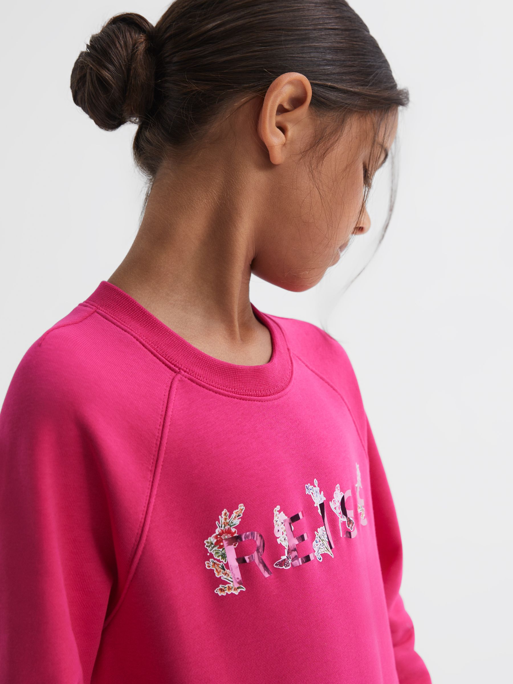 Reiss Kids' Janine Floral Detail Logo Jersey Dress, Pink, 5-6 years