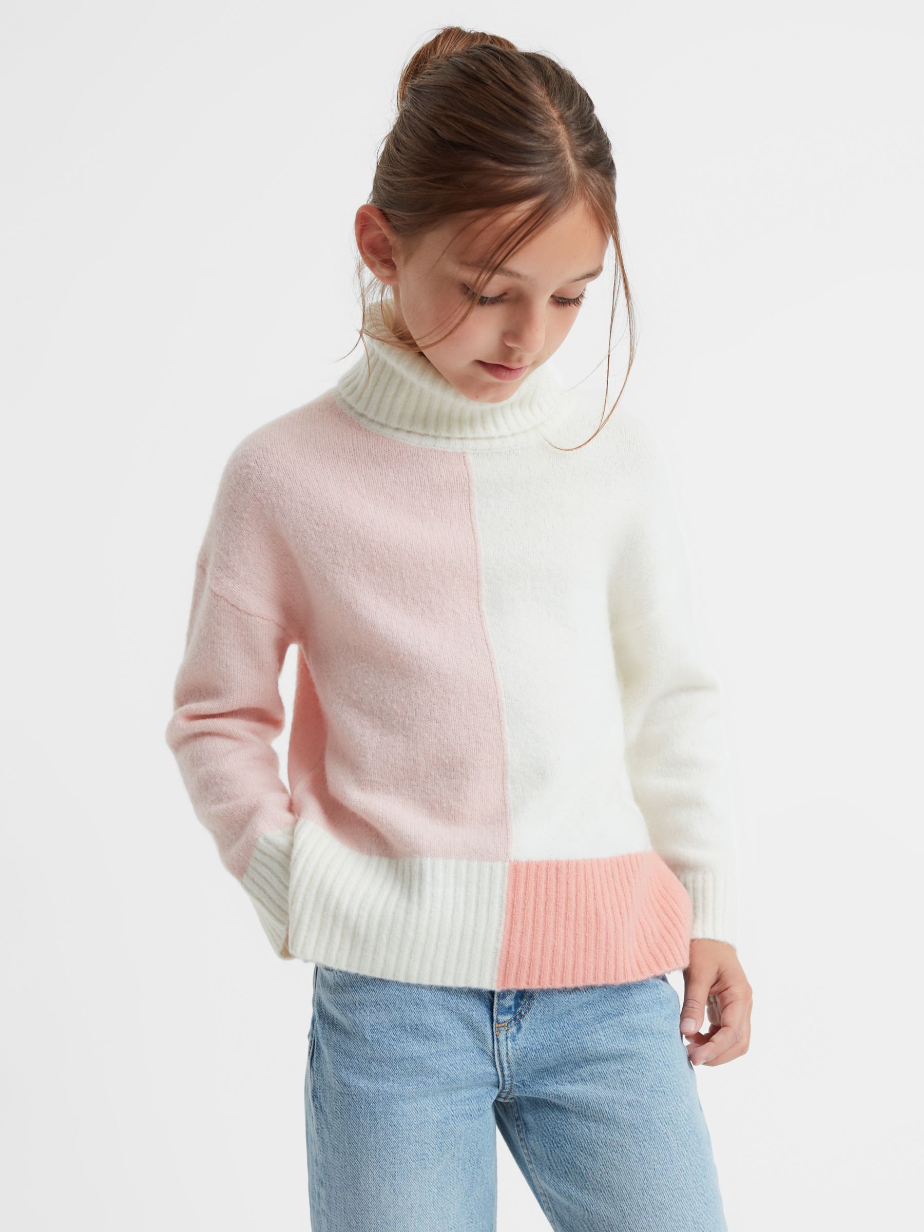 Reiss Kids' Gio Colour Block Knit Jumper, Ivory/Pink at John Lewis ...