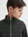 Reiss Kids' Flintoff Funnel Neck Quilted Hybrid Jacket, Forest Green