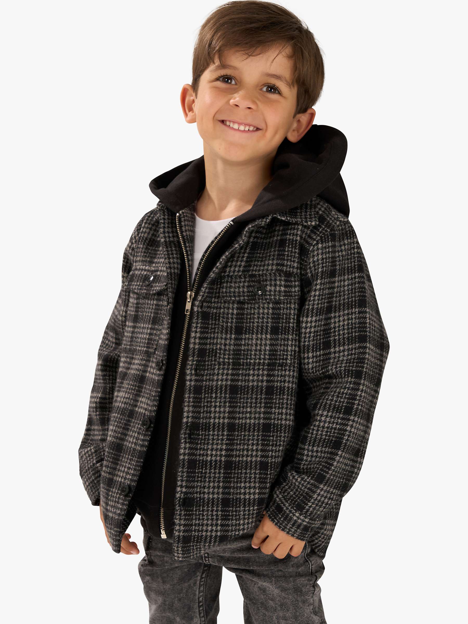 Buy Angel & Rocket Kids' Hampy Check Hooded Shirt, Black Online at johnlewis.com