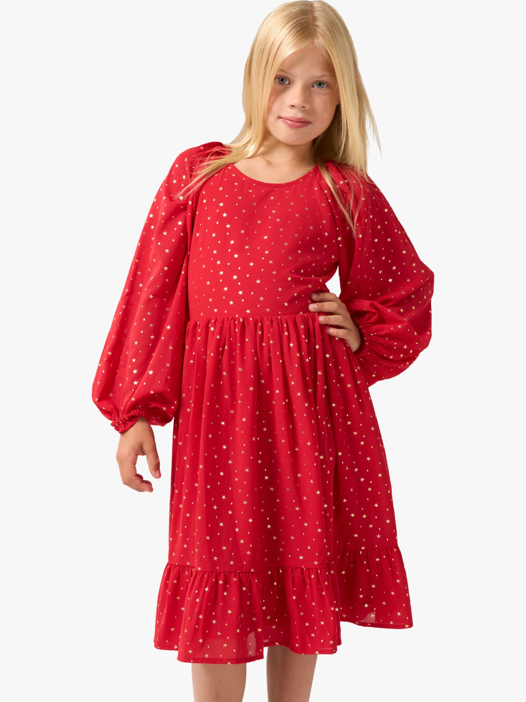 Angel & Rocket Kids' Ada Star Print Long Sleeve Party Dress, Red, 6 years