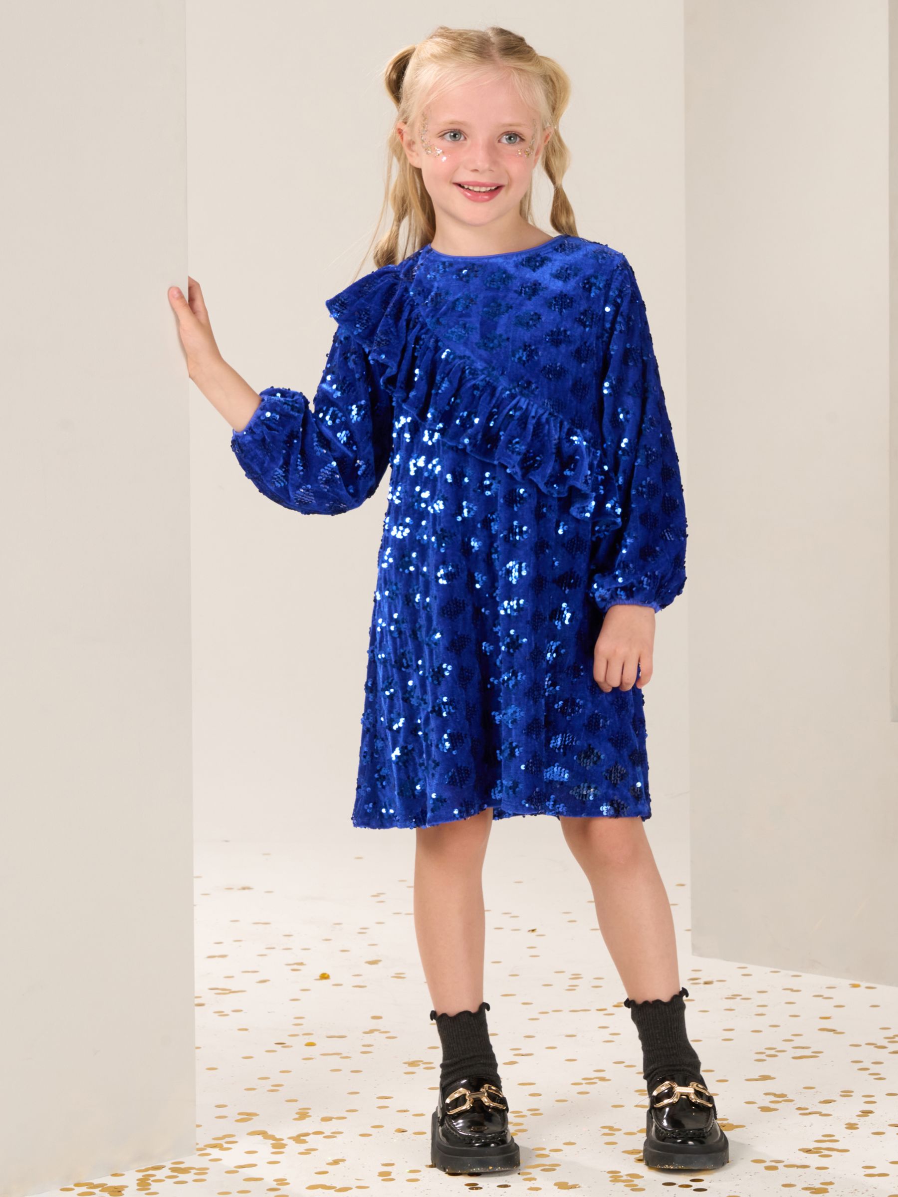 Angel & Rocket Kids' Elsie Velvet Sequin Ruffle Party Dress, Cobalt at ...