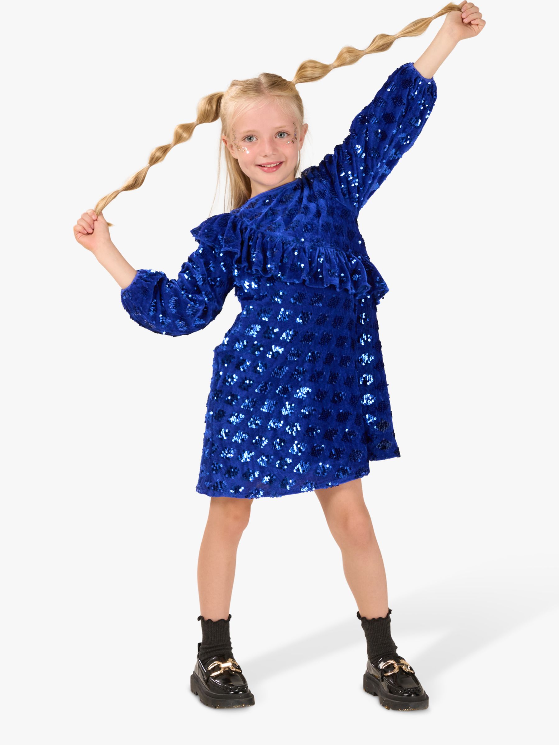 Buy Angel & Rocket Kids' Elsie Velvet Sequin Ruffle Party Dress, Cobalt Online at johnlewis.com