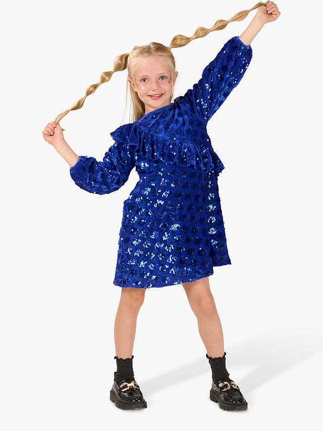 Angel & Rocket Kids' Elsie Velvet Sequin Ruffle Party Dress, Cobalt