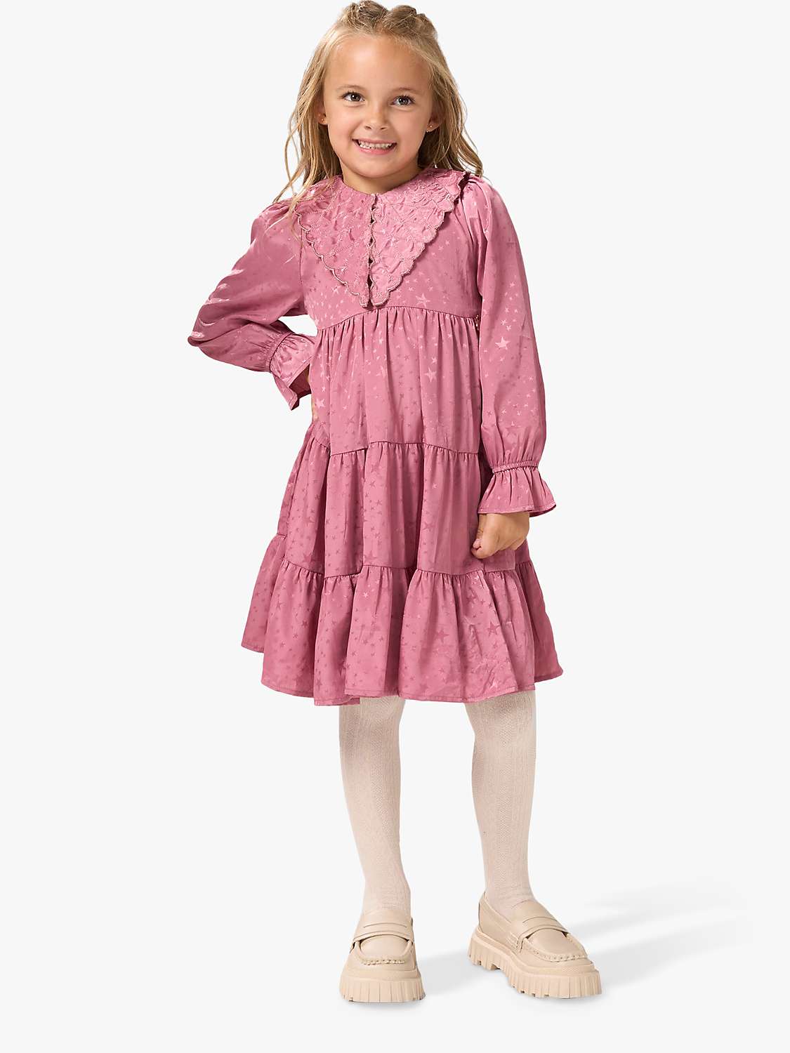 Buy Angel & Rocket Kids' Sophia Satin Jacquard Star Statement Collar Tiered Dress, Pink Online at johnlewis.com