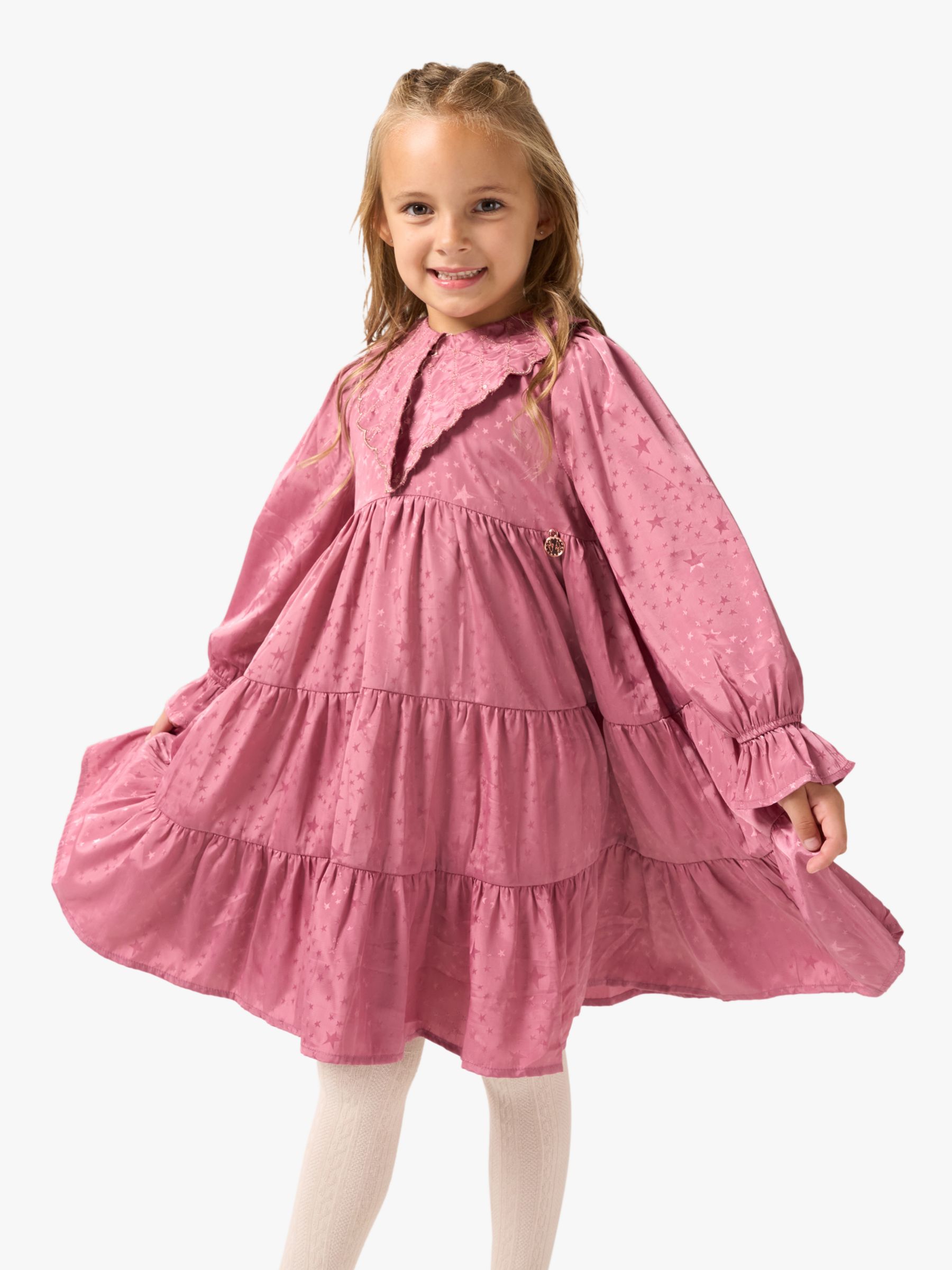 Angel & Rocket Kids' Sophia Satin Jacquard Star Statement Collar Tiered Dress, Pink, 9 years