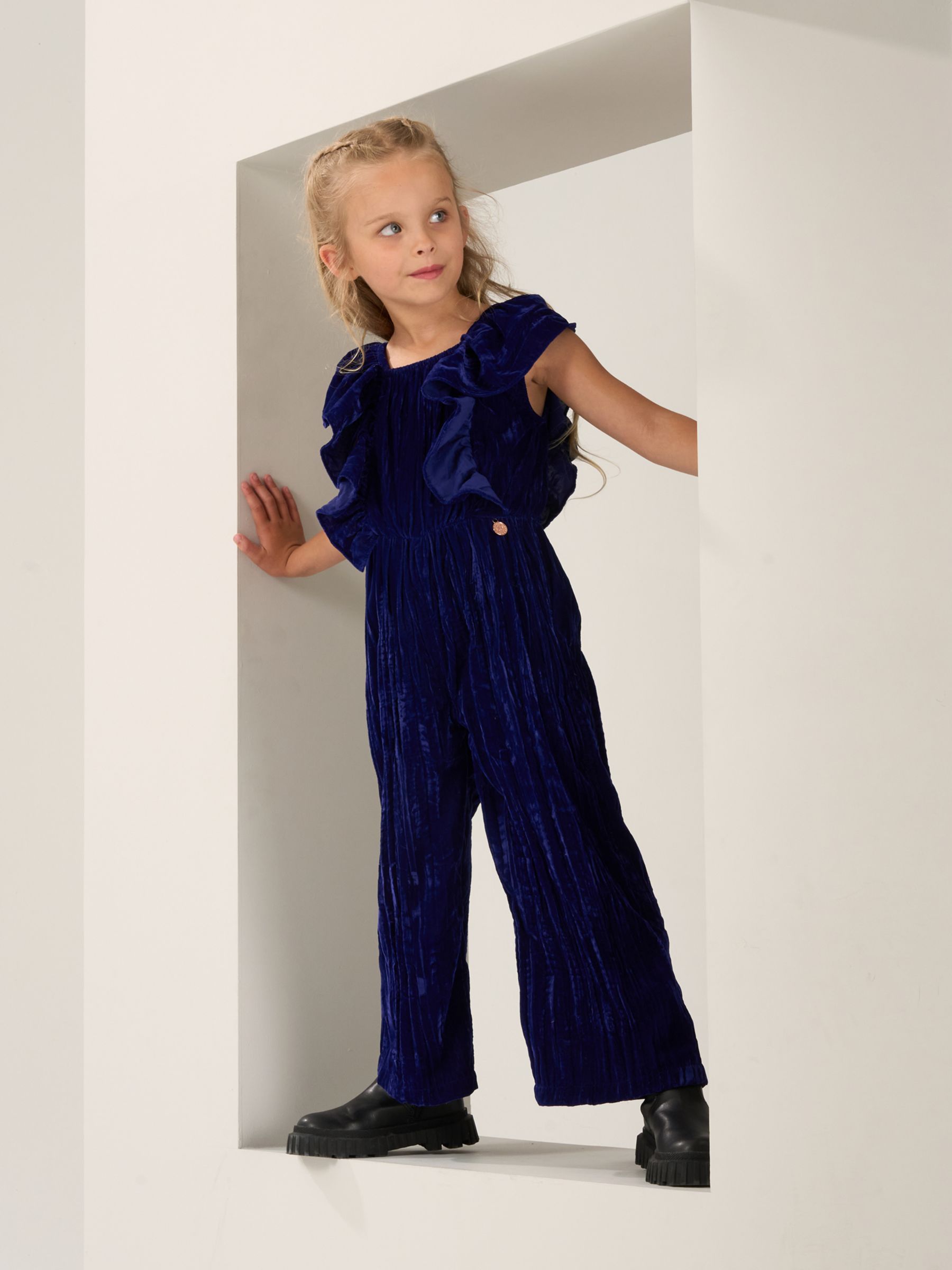 Angel & Rocket Kids' Thea Velvet Ruffle Shoulder Jumpsuit, Blue at 