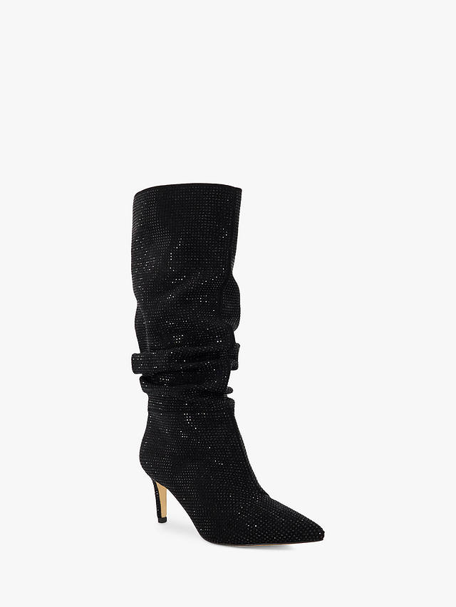 Dune Slouch Embellished Mid Heel Calf Boots, Black