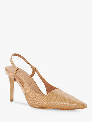 Dune Closer Leather Reptile Print Slingback Court Shoes, Camel