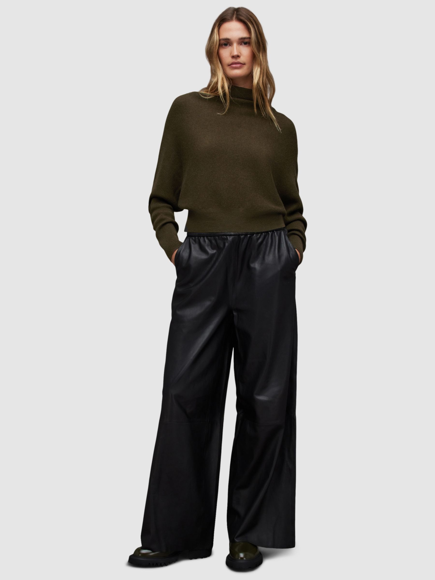AllSaints Ridley Cropped Wool and Cashmere Jumper, Olive Green at John ...