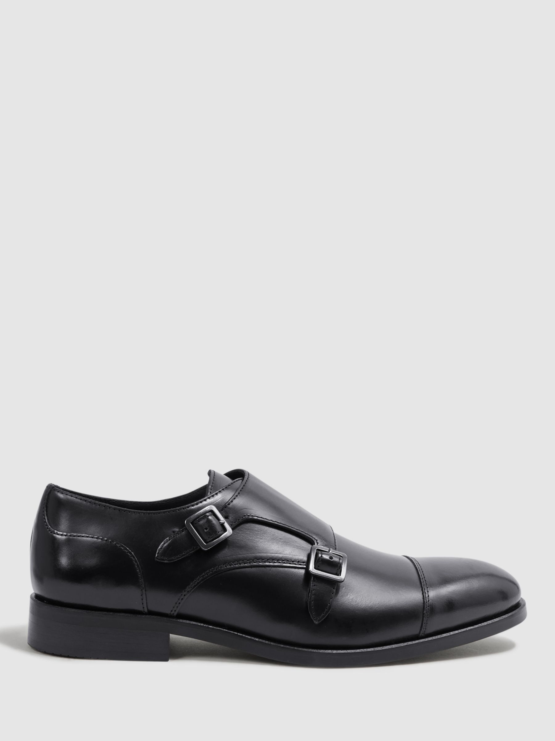 Reiss Rivington Double Monk Shoes, Black/Gunmetal at John Lewis & Partners