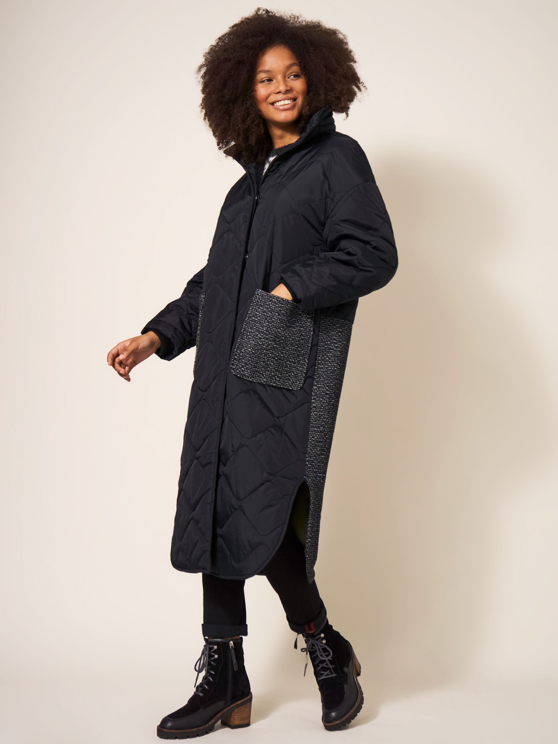 White Stuff Mix Long Quilted Coat, Black at John Lewis & Partners