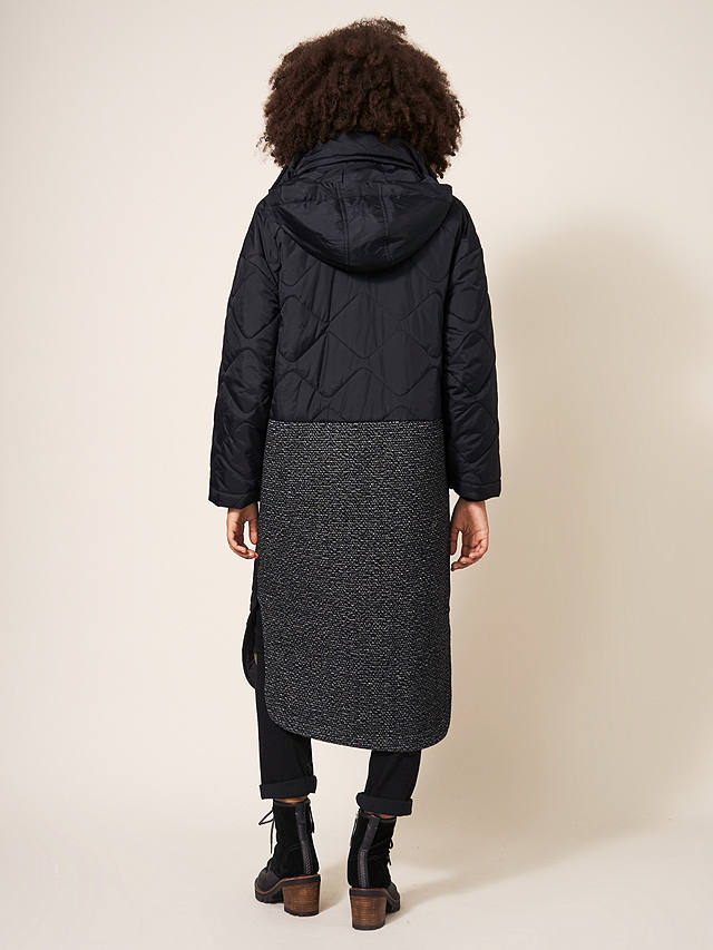White Stuff Mix Long Quilted Coat, Black