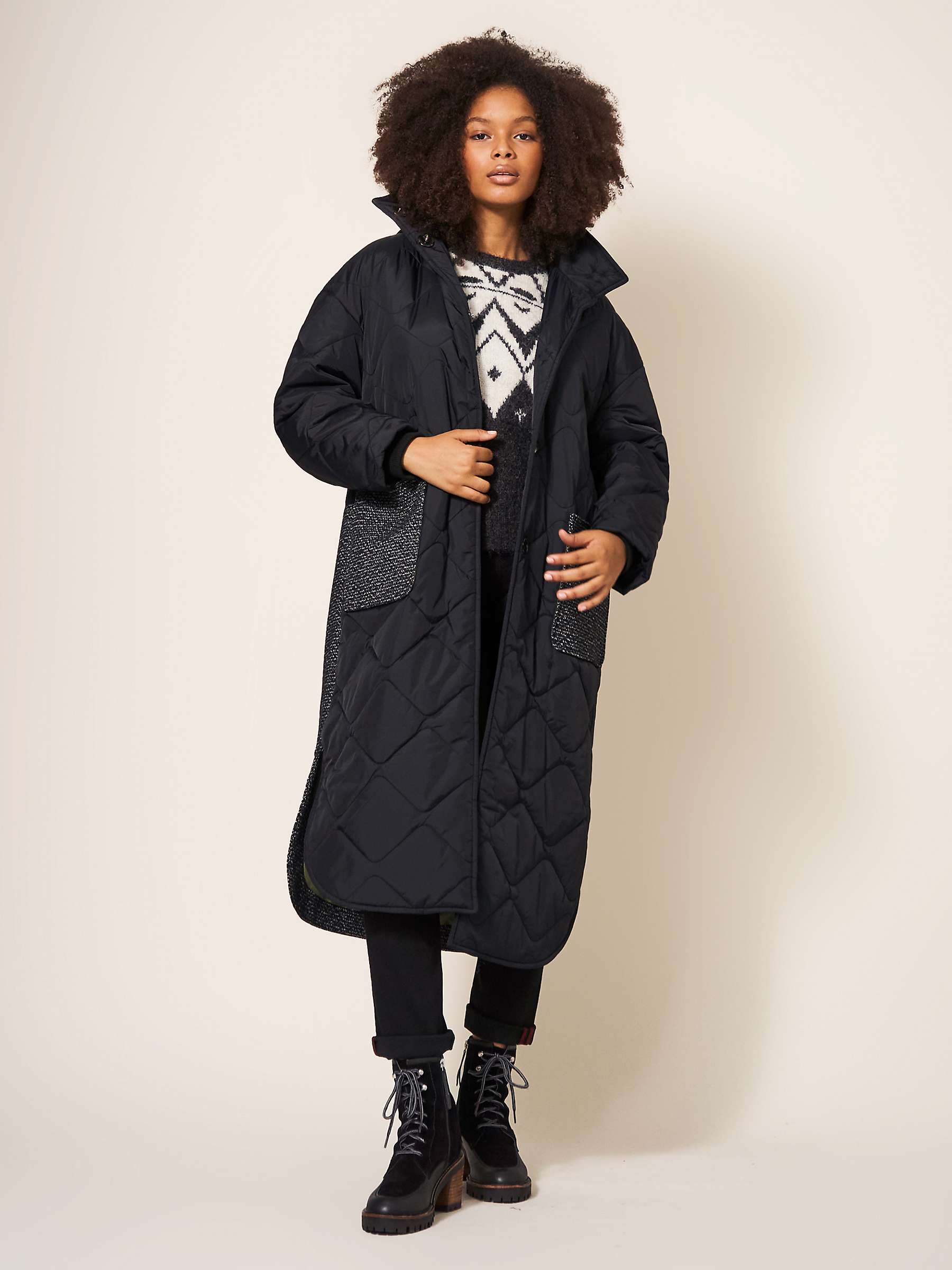 Buy White Stuff Mix Long Quilted Coat, Black Online at johnlewis.com