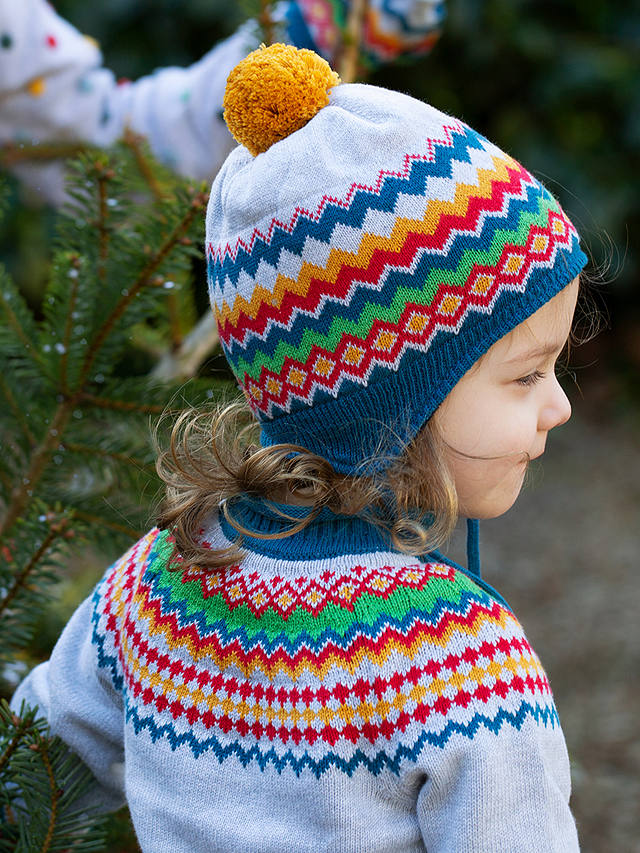 Frugi Baby Fairisle Organic Cotton Knitted Hat & Mitten Set, Grey Marl/Multi