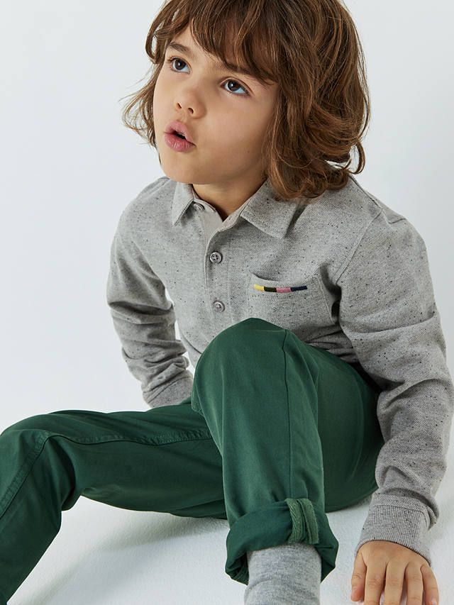 John Lewis Kids' Piqued Marled Long Sleeve Polo Shirt, Grey