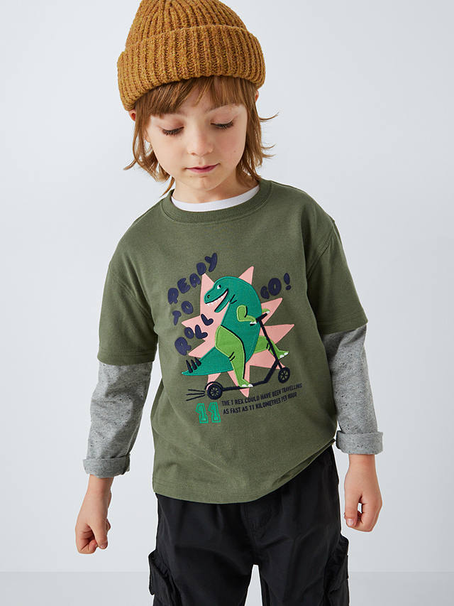 John Lewis Kids' Dino Graphic Mock Long Sleeve T-Shirt, Khaki