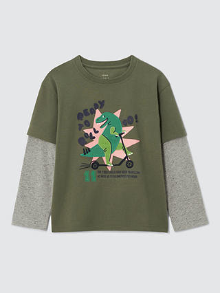 John Lewis Kids' Dino Graphic Mock Long Sleeve T-Shirt, Khaki