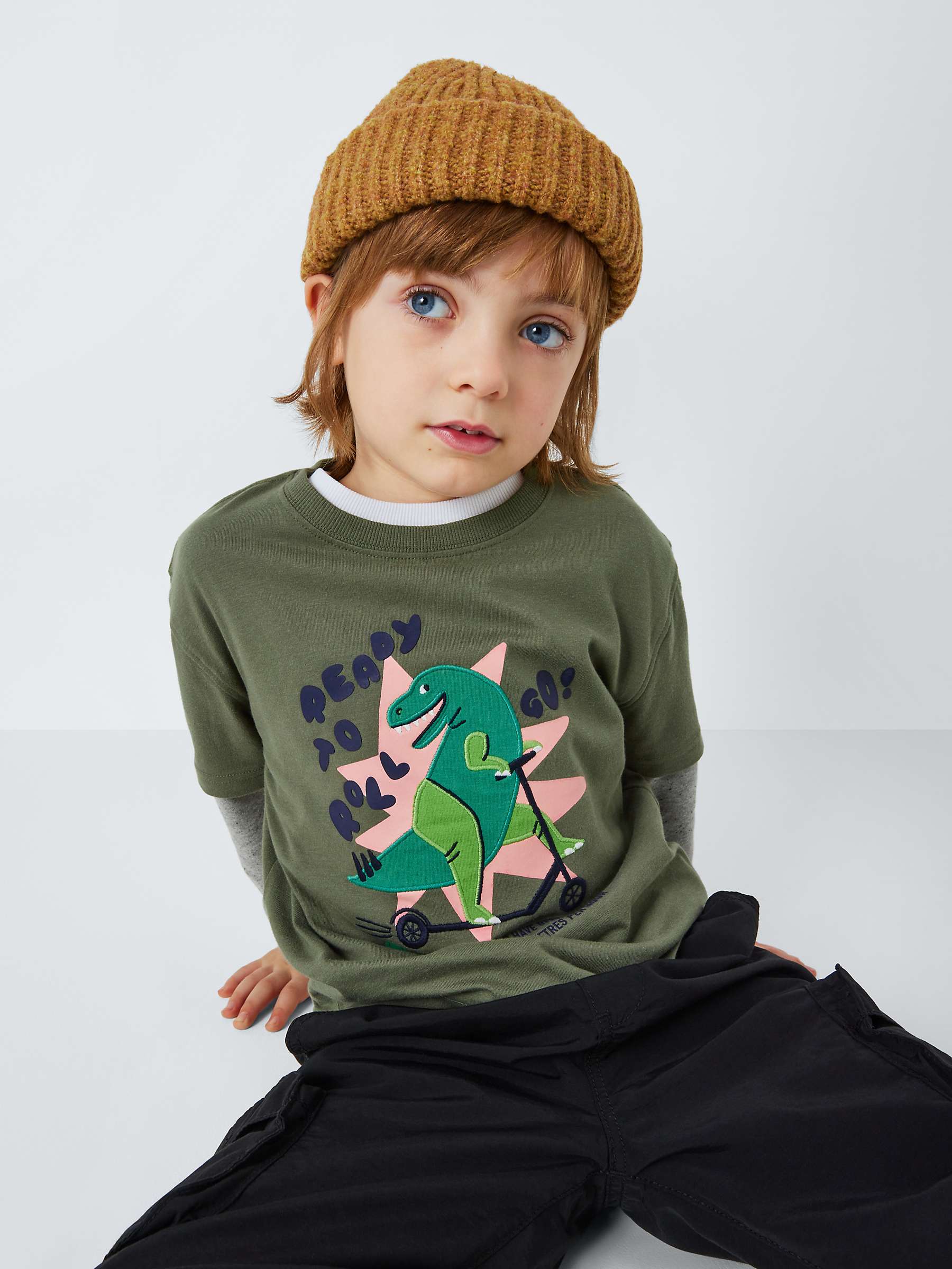 Buy John Lewis Kids' Dino Graphic Mock Long Sleeve T-Shirt, Khaki Online at johnlewis.com