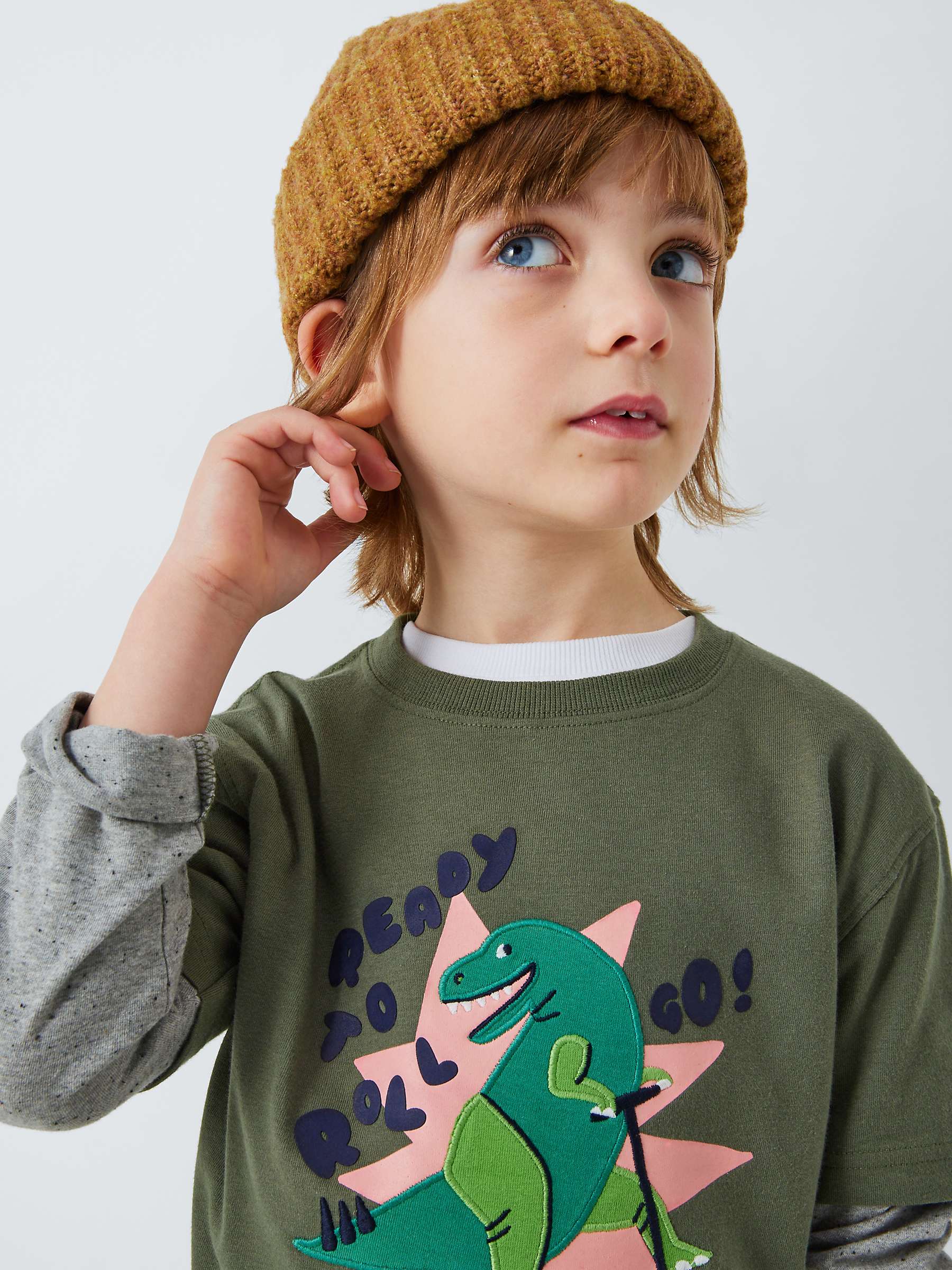 Buy John Lewis Kids' Dino Graphic Mock Long Sleeve T-Shirt, Khaki Online at johnlewis.com