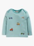 Frugi Baby Bobby Embroidered Tractors Organic Cotton Top, Moss/Multi