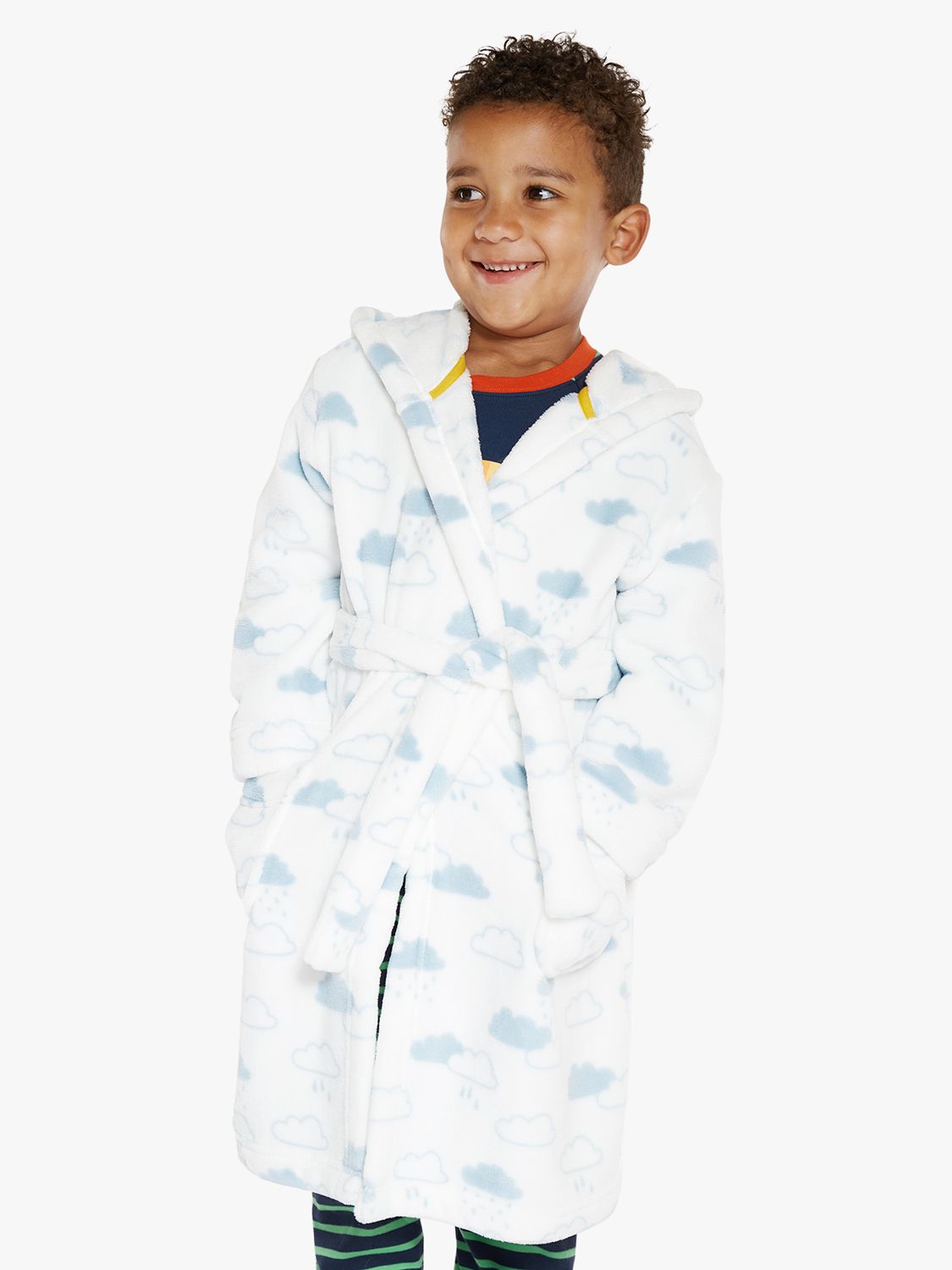 Frugi Kids' Brilliant Clouds Hooded Robe, White/Blue, 5-6 years