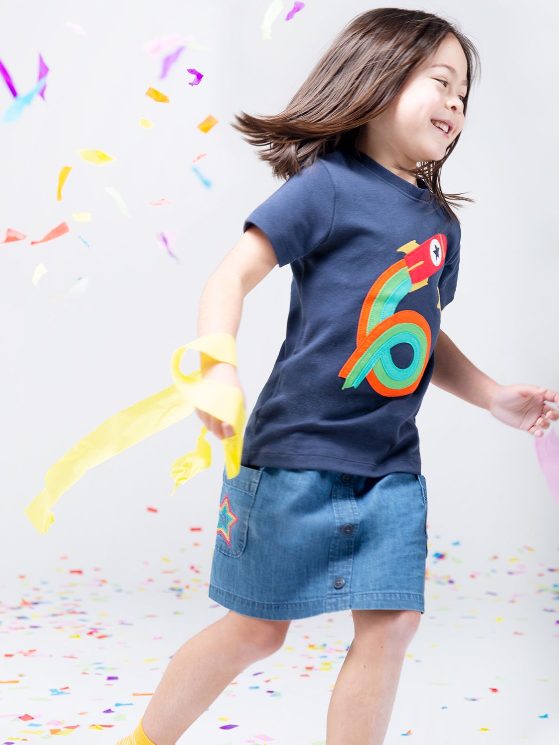 Frugi Kids' Magic Number 6 Organic Cotton Rocket T-shirt, Indigo/Multi, 6-7 years