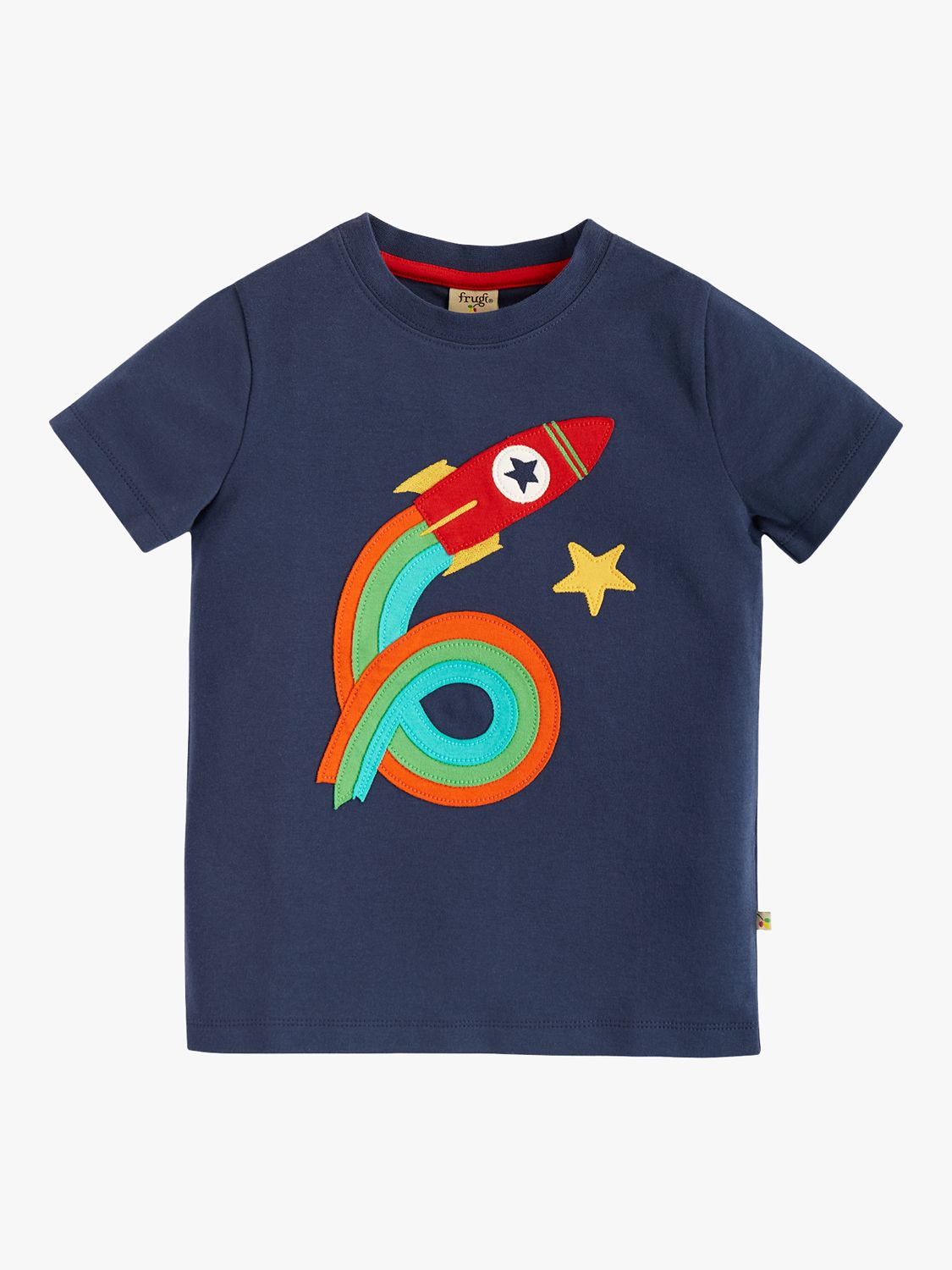 Frugi Kids' Magic Number 6 Organic Cotton Rocket T-shirt, Indigo/Multi, 6-7 years