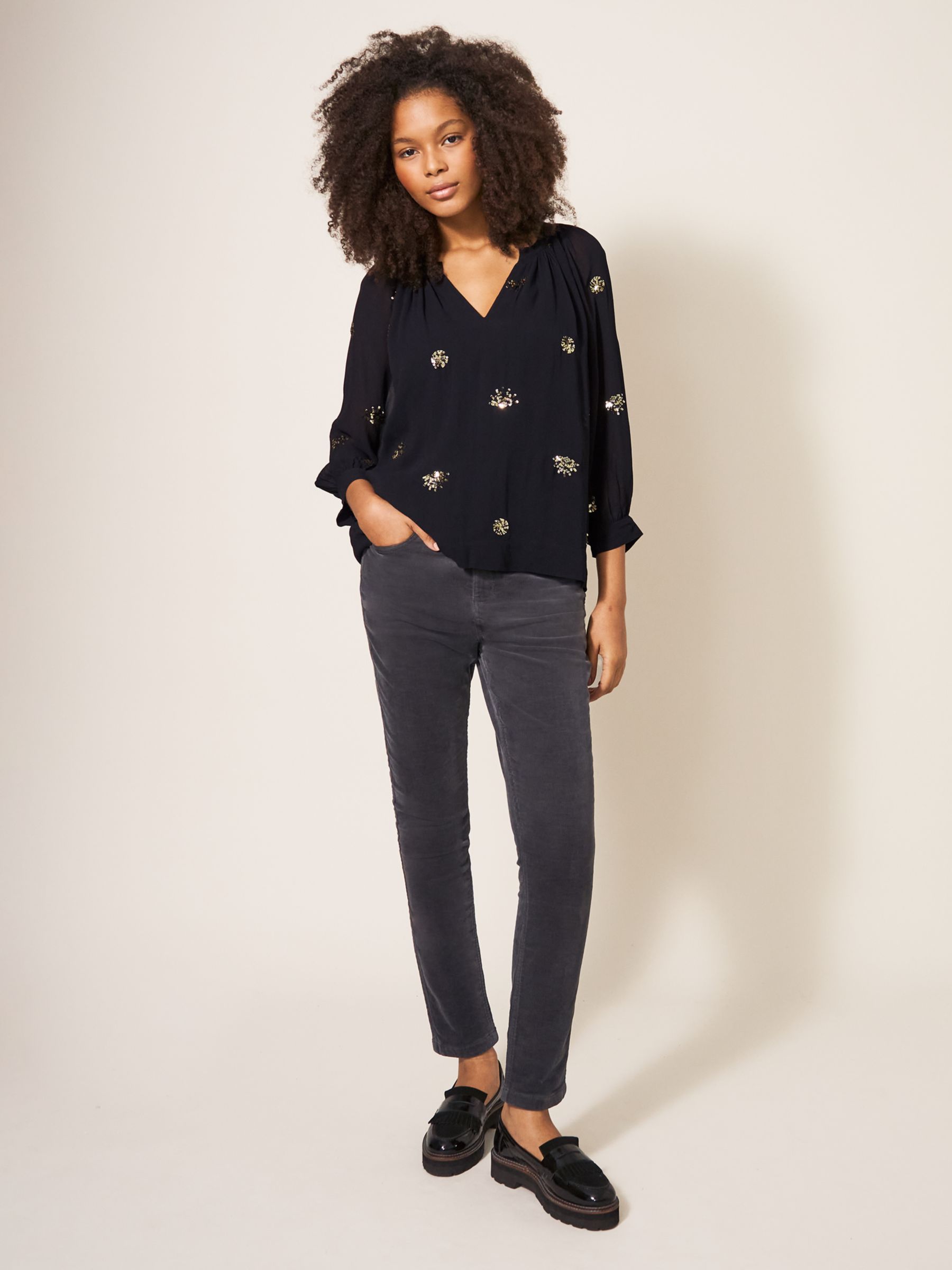White Stuff Astrid Sequin Top, Black/Gold at John Lewis & Partners