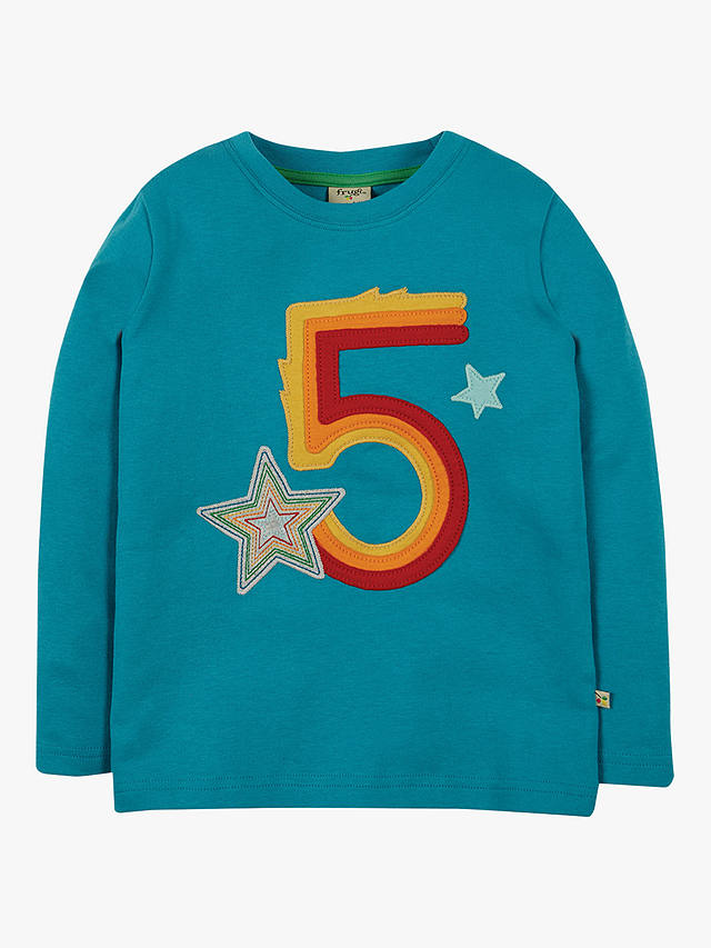 Frugi Kids' Magic Number 5 Organic Cotton Star T-shirt, Tobermory Teal/Multi