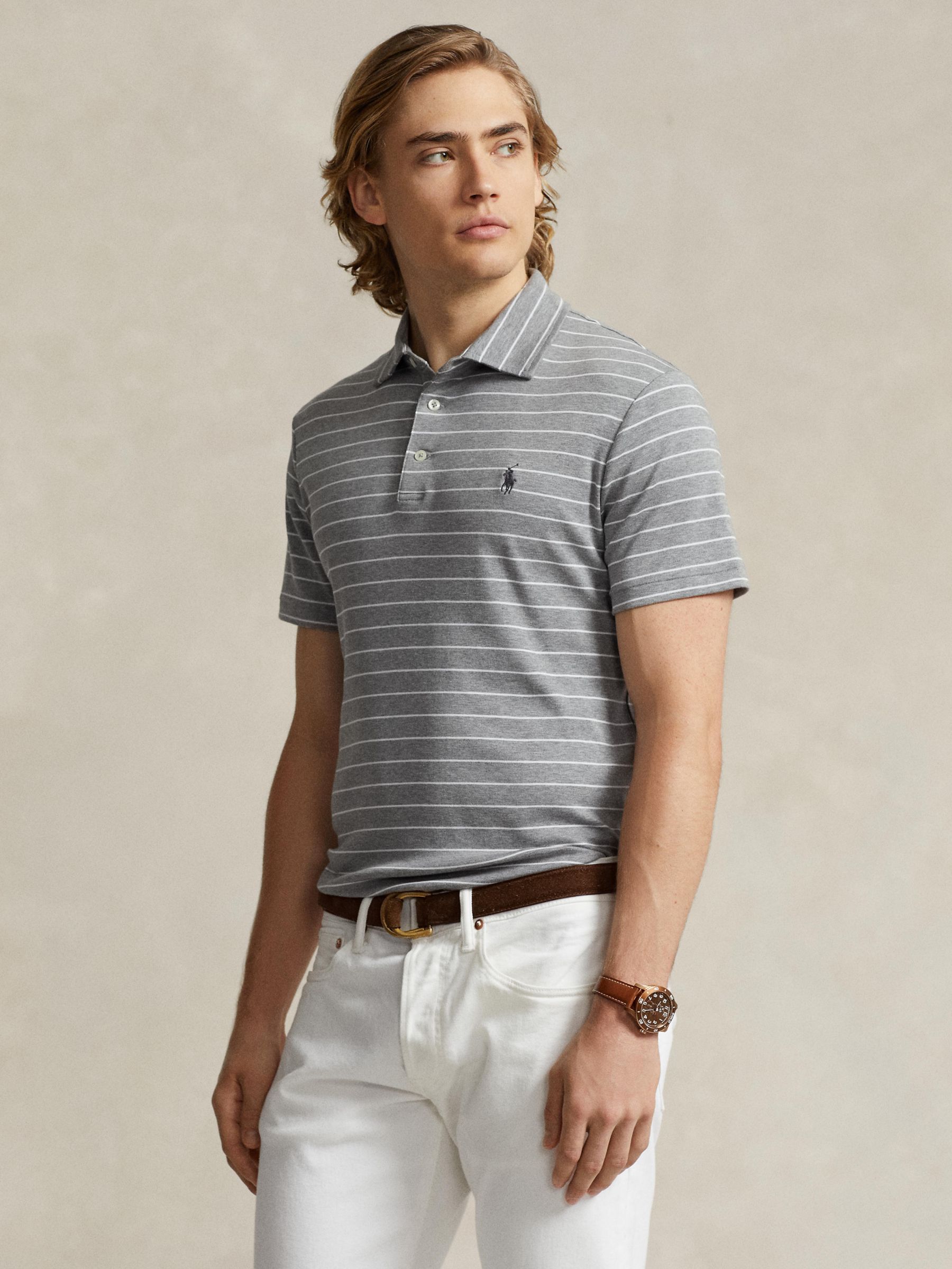 Polo Ralph Lauren Short Sleeve Stripe Polo Top, Steel Heather/White