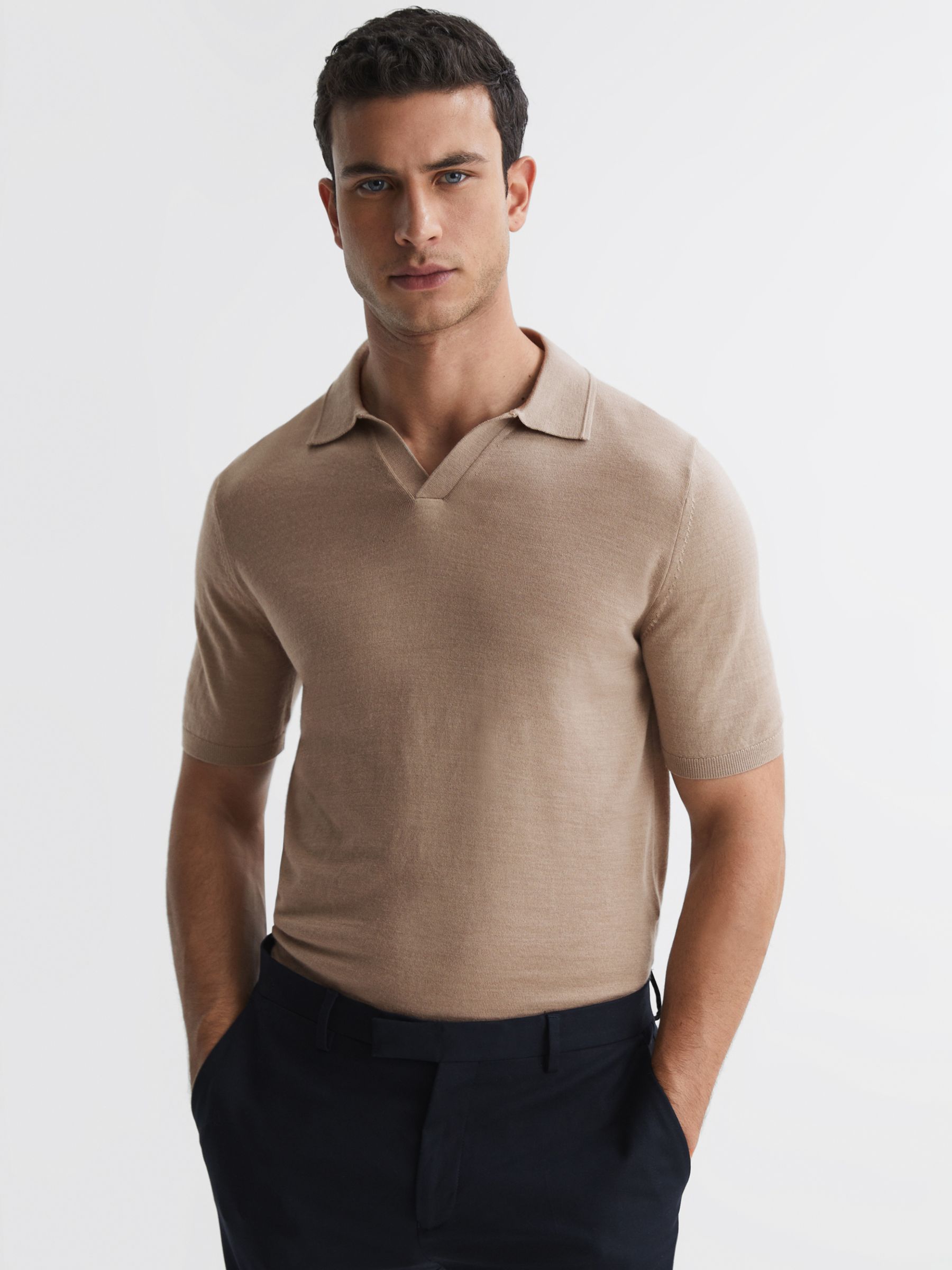 Reiss Duchie Wool Knit Polo Shirt, Mink