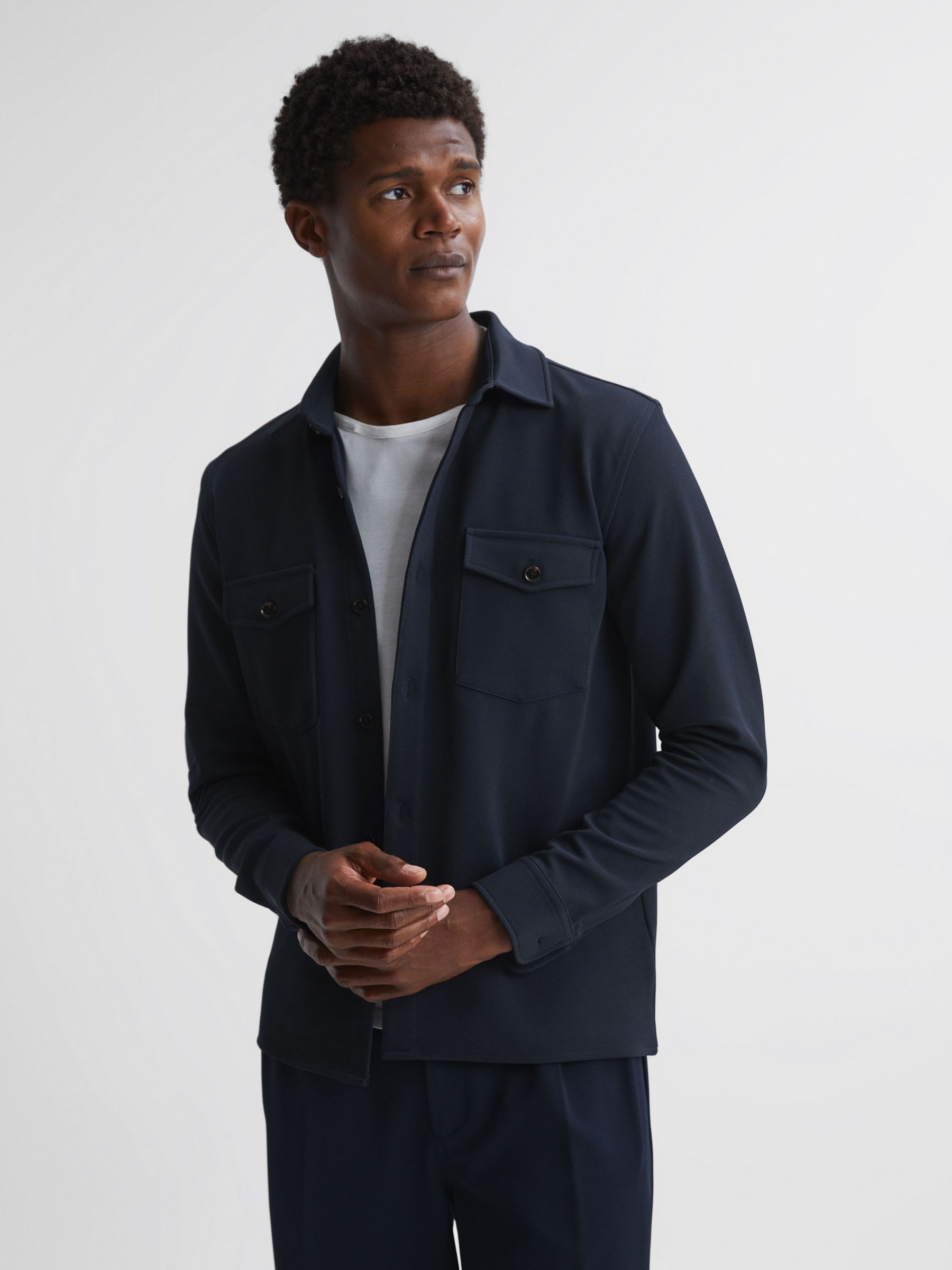 Reiss Borneo Long Sleeve Twill Twin Pocket Shirt, Navy