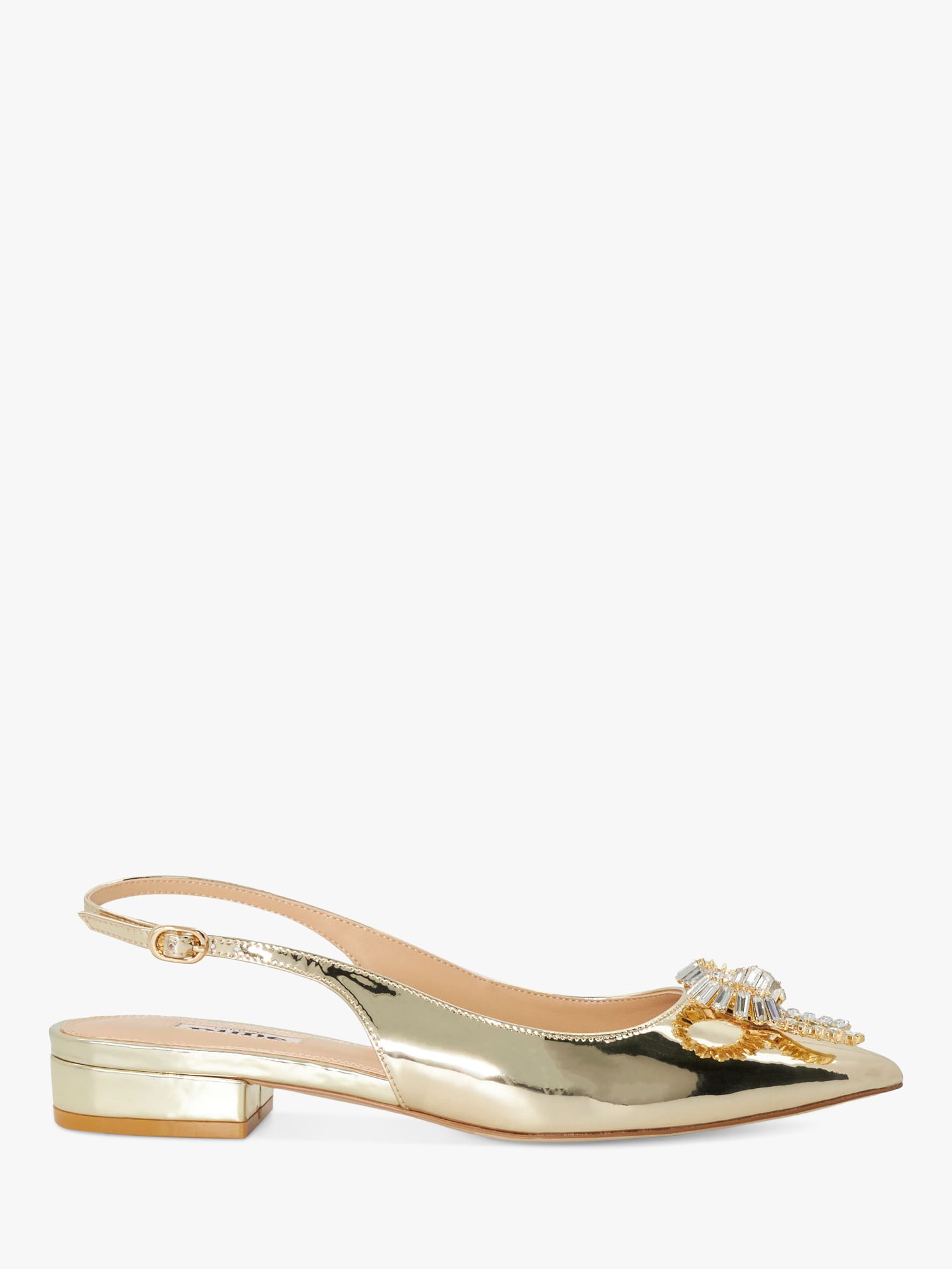 Dune Happiest Patent Bow Embellished Slingback Flats, Gold, 3