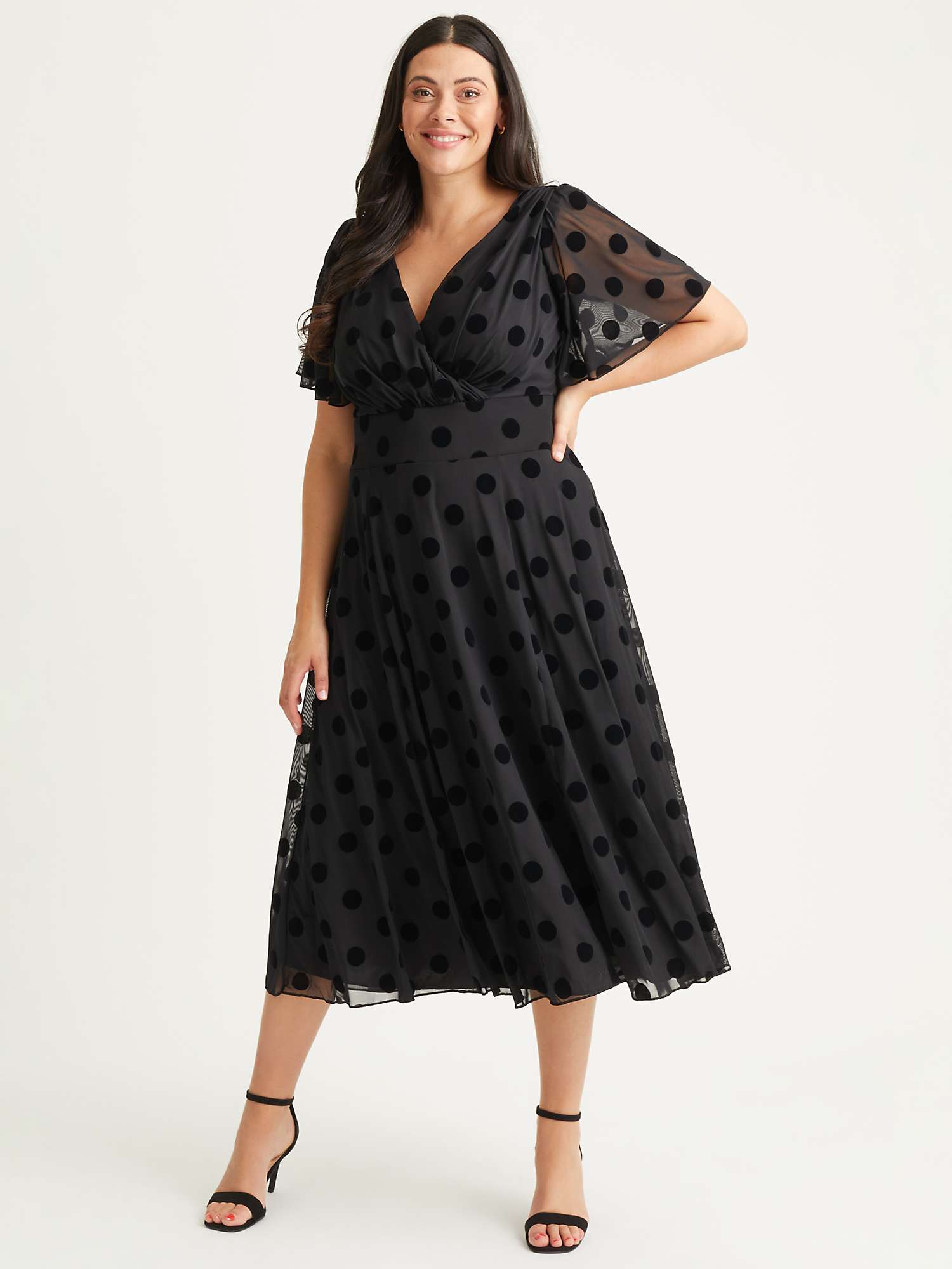 Buy Scarlett & Jo Victoria Spot Print Angel Sleeve Midi Dress, Black Flock Online at johnlewis.com